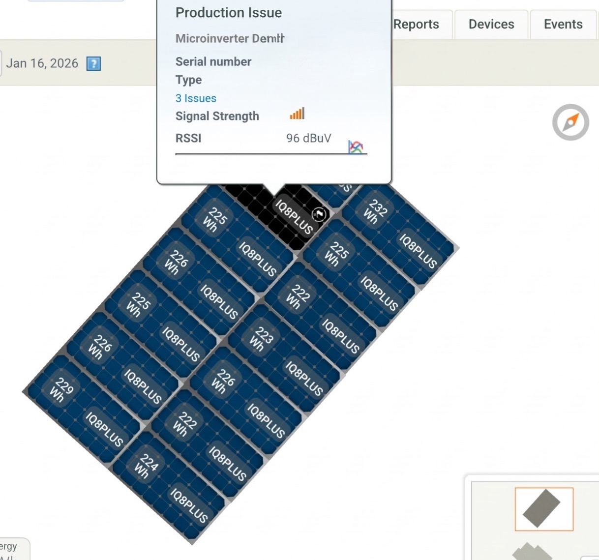 Solar monitoring portal showing a microinverter production issue