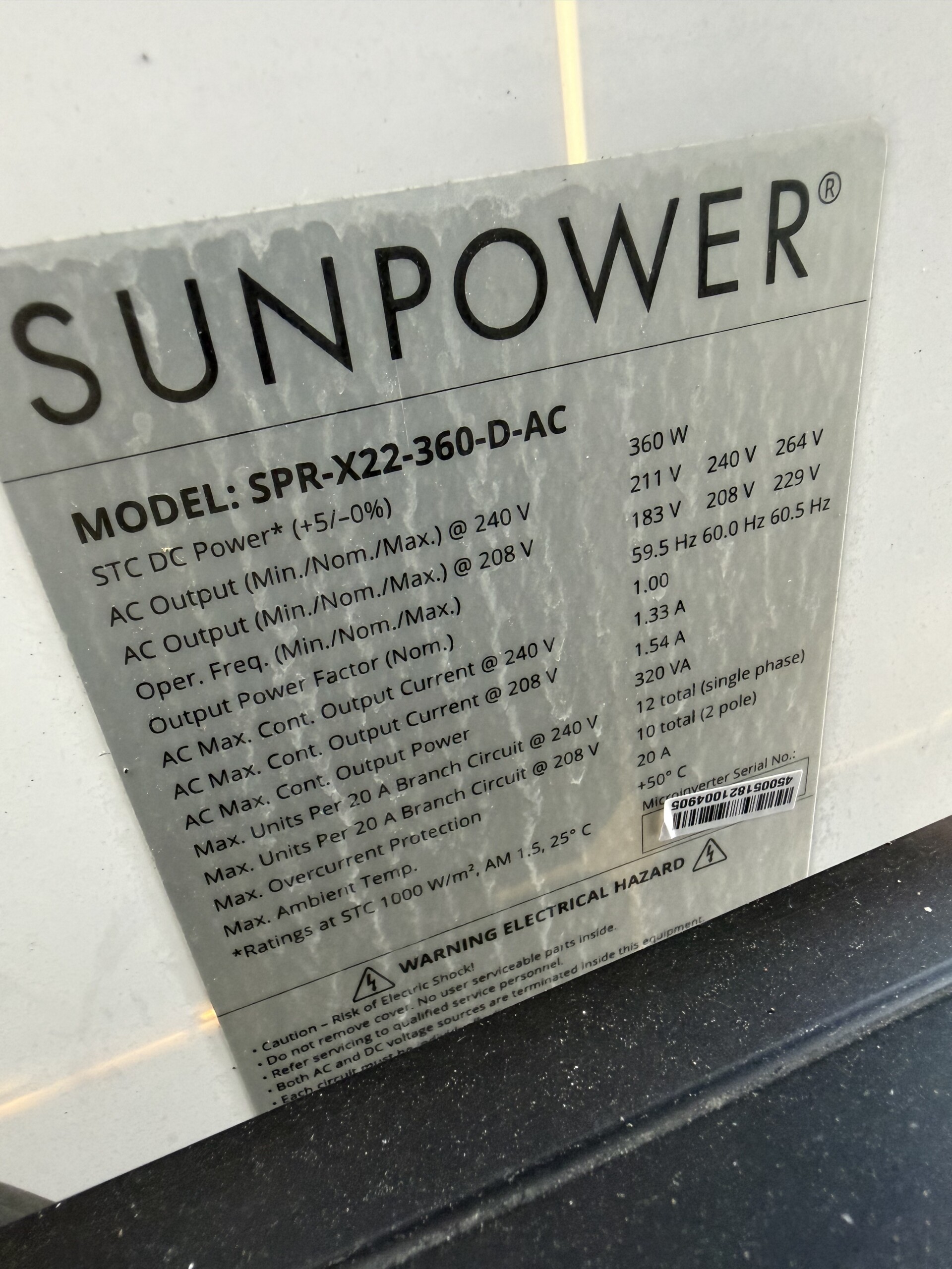 SunPower SPR-X22 AC solar module equipment label photographed during a Sundial system evaluation