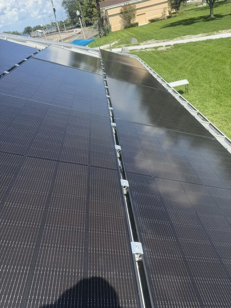 Close view of the upgraded black solar modules at the Sanford Parks & Recreation facility.